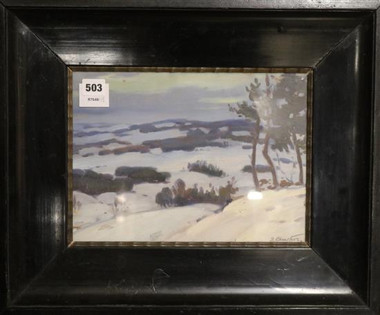 J Christovz, oil on board, winter landscape, signed, 23 x 32cm